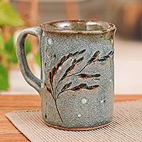 Ceramic mug, 'Windy Days' - Classic Crackled Nature-Themed Green and Brown Ceramic Mug