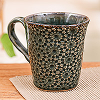 Ceramic mug, 'Floral Shadows' - Antique-Finished Floral Thai Ceramic Mug in Green and Brown