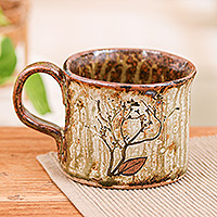 Ceramic cup, 'Ephemeral Forest' - Nature-Themed Brown Celadon Ceramic Cup with a Glazed Finish