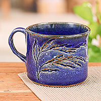 Ceramic cup, 'Windy Twilight' - Fair Trade Nature-Themed Blue Ceramic Cup from Thailand