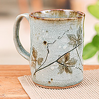 Ceramic mug, 'Leafy Morning' - Thai Artisan-Made Leafy Green and Brown Celadon Ceramic Mug