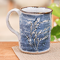 Ceramic mug, 'Windy Twilight' - Winter Leaf-Themed Blue Ceramic Mug with Antique Finish