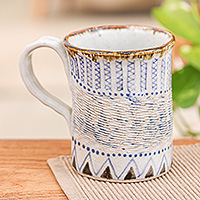 Ceramic mug, 'Blue Essence' - Textured Antique Ceramic Mug with Geometric Patterns