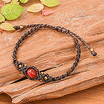 Handwoven Dark Brown Carnelian Macrame Pendant Bracelet, 'Sole Courage'