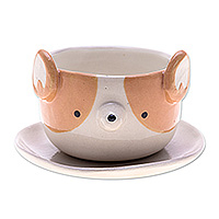 Ceramic mini flower pot, 'Corgi Spring' (small) - Artisan-Made Dog Ceramic Mini Flower Pot and Saucer (Small)