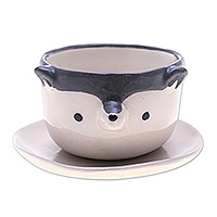 Ceramic mini flower pot, 'Wolf Spring' (small) - Hand-Painted Ceramic Wolf Mini Flower Pot and Saucer (Small)