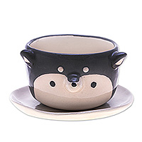 Ceramic mini flower pot, 'Husky Spring' (small) - Thai Husky Dog-Themed Mini Flower Pot and Saucer (Small)