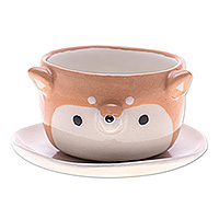 Ceramic mini flower pot, 'Siberian Spring' (small) - Thai-Made Siberian Dog Mini Flower Pot and Saucer (Small)