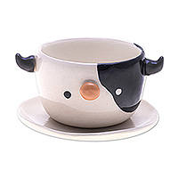 Ceramic mini flower pot, 'Cow Spring' (small) - Whimsical Cow Ceramic Mini Flower Pot and Saucer (Small)