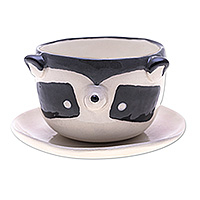 Ceramic mini flower pot, 'Raccoon Spring' (small) - Raccoon-Themed Ceramic Mini Flower Pot and Saucer (Small)