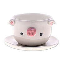 Ceramic mini flower pot, 'Piglet Spring' (small) - Piglet-Shaped Ceramic Mini Flower Pot and Saucer (Small)