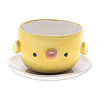 Ceramic mini flower pot, 'Chick Spring' (small) - Painted Ceramic Chick Mini Flower Pot and Saucer (Small)