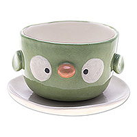 Ceramic mini flower pot, 'Bird Spring' (small) - Green Bird-Shaped Ceramic Mini Flower Pot and Saucer (Small)