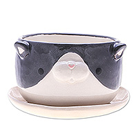 Ceramic flower pot, 'Tuxedo Blossoming' - Handcrafted Tuxedo Cat-Themed Ceramic Flower Pot and Saucer