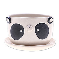 Ceramic flower pot, 'Panda Blossoming' - Hand-Painted Panda-Shaped Ceramic Flower Pot and Saucer Set