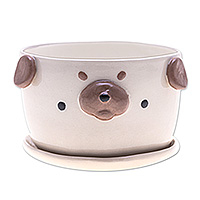 Ceramic flower pot, 'Pug Nature' (extra large) - Glazed Pug Dog Ceramic Flower Pot and Saucer (Extra Large)