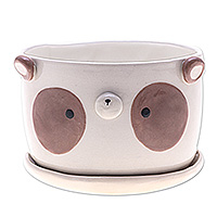 Ceramic flower pot, 'Brown Panda Nature' (extra large) - Brown Panda Ceramic Flower Pot and Saucer Set (Extra Large)