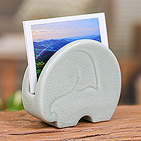 Celadon ceramic card holder, 'Homely Elephant' - Crackled Light Green Celadon Ceramic Elephant Card Holder