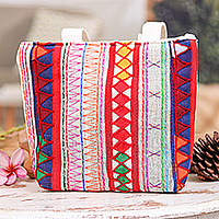 Cotton tote bag, 'Carnival of Colors' - Colorful Cotton Tote Bag with Lahu Hill Tribe Embroidery