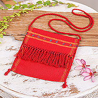 Cotton sling bag, 'Hill Tribe Vibrancy' - Handwoven Red Cotton Hill Tribe Sling Bag with Fringed Flap