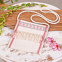 Cotton sling bag, 'Hill Tribe Charm' - Hand-Woven Fringed Cotton Hill Tribe Sling Bag in White