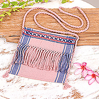 Cotton sling bag, 'Hill Tribe Sweetness' - Pink Blue Red Handwoven Stitched Cotton Hill Tribe Sling Bag