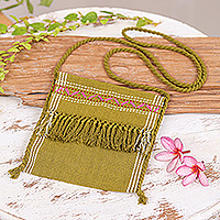 Cotton sling bag, 'Hill Tribe Splendor' - Green Stitched Fringed Handwoven Cotton Hill Tribe Sling Bag