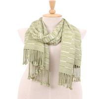 Cotton and rayon scarf, 'Cozy Olive' - Hand-Woven Hill Tribe Fringed Striped Cotton and Rayon Scarf