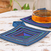 Cotton blend trivets, 'Lisu Cooking in Blue' (pair) - 2 Cotton Blend Trivets with Lisu Hill Tribe Applique Work