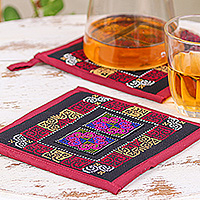 Cotton blend trivets, 'Hmong Cooking in Burgundy' (pair) - 2 Burgundy Hmong Hill Tribe Embroidered Cotton Blend Trivets