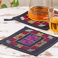 Cotton blend trivets, 'Hmong Cooking in Black' (pair) - Two Cotton Blend Trivets with Hmong Hill Tribe Embroidery