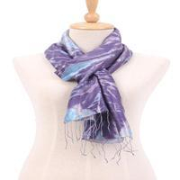 Silk scarf, 'Blue-Violet Breeze' - Tie-Dyed Blue-Violet and Turquoise Silk Scarf with Fringes