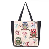 Cotton blend tote bag, 'Dawn Owls' - Owl-Themed Printed Cotton Blend Tote Bag with Zipper Closure