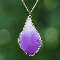 Gold-accented orchid pendant necklace, 'Magical Petal' - White and Purple Orchid 22k Gold-Accented Pendant Necklace