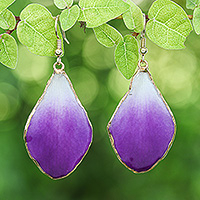 Gold-accented orchid dangle earrings, 'Magical Petal' - White and Purple Orchid 22k Gold-Accented Dangle Earrings