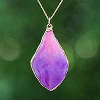 Gold-accented orchid pendant necklace, 'Capricious Petal' - Fuchsia and Purple Petal 22k Gold-Accented Pendant Necklace