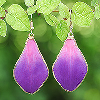 Gold-accented orchid dangle earrings, 'Capricious Petal' - Fuchsia and Purple Petal 22k Gold-Accented Dangle Earrings