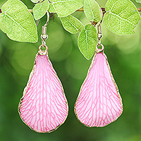 Gold-accented orchid dangle earrings, 'Dulcet Petal' - Soft-Pink Petal-Themed 22k Gold-Accented Dangle Earrings