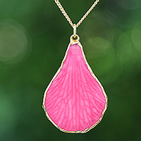 Gold-accented orchid pendant necklace, 'Flawless Petal' - Spring-Themed Fuchsia Gold-Accented Petal Pendant Necklace