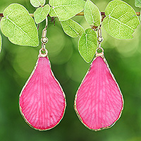 Gold-accented orchid dangle earrings, 'Flawless Petal' - Fuchsia Spring-Themed Gold-Accented Petal Dangle Earrings