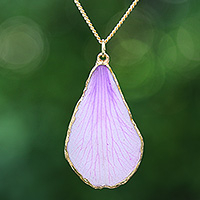 Gold-accented orchid pendant necklace, 'Dreamy Petal' - Lavender 22k Gold-Accented Petal-Shaped Pendant Necklace