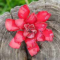 Natural flower brooch pin, 'Seductive Gardenia' - Red Gardenia Flower Brooch Pin with Handmade Resin Coat