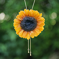 Gold-plated natural flower lariat necklace, 'Sunflower Era' - 22k Gold-Plated Resin-Coated Sunflower Bloom Lariat Necklace