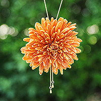 Gold-plated natural flower lariat necklace, 'Happy Orange' - Orange Chrysanthemum Lariat Necklace with 22k Gold Plating