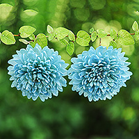 Gold-accented natural flower dangle earrings, 'Happy Sky Blue' - Gold-Accented Sky Blue Chrysanthemum Bloom Dangle Earrings