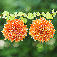 Gold-accented natural flower dangle earrings, 'Happy Orange' - Orange Chrysanthemum Dangle Earrings with 22k Gold Accents