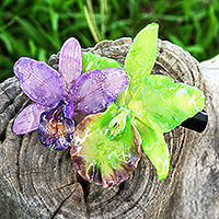 Natural flower hair clip, 'Fairy Cattleya' - Purple and Green Natural Cattleya Flower Resin Hair Clip