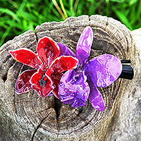 Natural flower hair clip, 'Oneiric Cattleya' - Resin-Coated Red and Purple Natural Cattleya Bloom Hair Clip