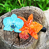 Natural flower hair clip, 'Summer Belle' - Summer-Themed Turquoise and Orange Orchid Flower Hair Clip