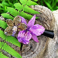 Natural flower hair clip, 'Fairy Belle' - Spring-Inspired Yellow and Purple Orchid Flower Hair Clip